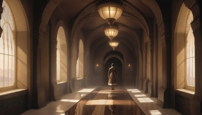 solo,long sleeves,1boy,standing,male focus,indoors,hood,from behind,window,shadow,sunlight,scenery,1other,reflection,walking,robe,light rays,stairs,door,light,sunbeam,wide shot,pillar,ambiguous gender,hallway,church,arch,reflective floor,window shade,long hair,brown hair,black hair,day,pants,black footwear,coat,paper,arms at sides,facing away,architecture