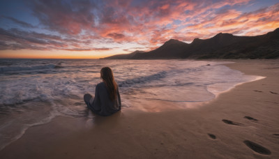 1girl, solo, long hair, brown hair, shirt, sitting, outdoors, sky, cloud, water, from behind, ocean, beach, cloudy sky, scenery, sunset, sand, horizon