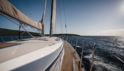 outdoors,sky,day,water,blue sky,no humans,ocean,scenery,horizon,watercraft,ship,boat,cloud,sunlight,realistic,sun,road,bridge,power lines,shore