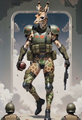 gloves,1boy,holding,full body,weapon,male focus,boots,multiple boys,solo focus,black footwear,holding weapon,armor,gun,military,blood,mask,helmet,shoulder armor,holding gun,rifle,furry,handgun,smoke,walking,pauldrons,pouch,assault rifle,furry male,knee pads,shoulder pads,camouflage,explosive,elbow pads,grenade,combat boots,bulletproof vest,body armor,solo,belt,uniform,military uniform,skull,camouflage pants