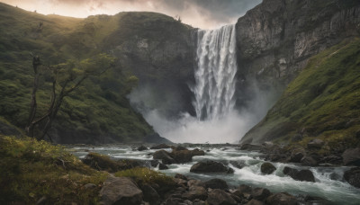 outdoors, sky, cloud, water, tree, no humans, nature, scenery, forest, rock, mountain, river, waterfall, landscape, cliff