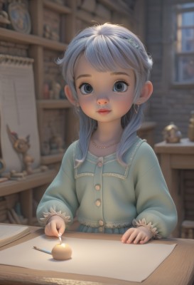 1girl,solo,long hair,looking at viewer,blush,smile,bangs,blue eyes,shirt,hair ornament,long sleeves,dress,jewelry,closed mouth,blue hair,upper body,white hair,grey hair,heart,earrings,food,hairclip,indoors,necklace,blurry,black eyes,lips,grey eyes,book,eyelashes,window,buttons,fruit,depth of field,blurry background,blue dress,swept bangs,chair,stuffed toy,table,stuffed animal,child,desk,freckles,paper,nose,female child,pencil,shelf,pearl necklace,drawing,heart necklace,writing,sitting,puffy sleeves,aged down,blouse,puffy long sleeves,toy