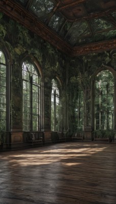 day,indoors,tree,no humans,window,shadow,chair,table,sunlight,plant,nature,scenery,forest,light rays,wooden floor,sunbeam,ruins,pillar,arch,bench,vines,overgrown