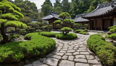 outdoors,day,tree,no humans,grass,building,nature,scenery,forest,rock,stairs,road,bush,architecture,house,east asian architecture,shrine,path,pavement,stone lantern,real world location,sky,cloud,water,blue sky,plant,river,pond