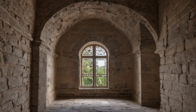 day,indoors,dutch angle,no humans,window,sunlight,scenery,stairs,door,wall,architecture,brick wall,pillar,stained glass,church,arch,column,stone wall,plant,fantasy,ruins,brick