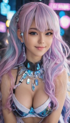 1girl,solo,long hair,breasts,looking at viewer,smile,bangs,blue eyes,cleavage,jewelry,medium breasts,closed mouth,underwear,upper body,pink hair,multicolored hair,earrings,necklace,bra,blurry,black eyes,lips,grey eyes,eyelashes,makeup,blurry background,realistic,earphones,bare shoulders,purple hair,wavy hair,gem