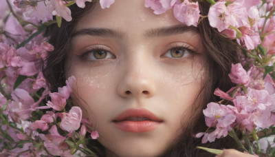 1girl, solo, looking at viewer, brown hair, brown eyes, flower, parted lips, lips, eyelashes, thick eyebrows, cherry blossoms, portrait, close-up, pink flower, realistic, nose