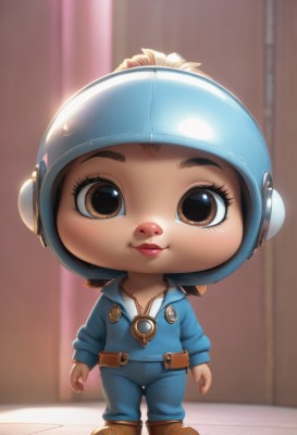 1girl,solo,looking at viewer,smile,brown hair,long sleeves,brown eyes,closed mouth,standing,full body,boots,belt,artist name,indoors,blurry,lips,blurry background,brown footwear,helmet,child,blue headwear,zipper,female child,jumpsuit,jewelry,necklace,chibi,eyelashes,watermark,realistic