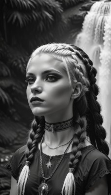 1girl,solo,long hair,looking at viewer,jewelry,monochrome,upper body,braid,short sleeves,greyscale,parted lips,teeth,choker,necklace,blurry,twin braids,lips,hair over shoulder,forehead,pendant,realistic,nose,waterfall,multiple braids,shirt,earrings,artist name,water,eyelashes,makeup,looking away,piercing,looking up