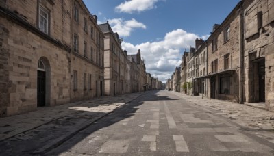 outdoors,sky,day,cloud,tree,blue sky,no humans,window,shadow,cloudy sky,building,scenery,city,door,road,wall,house,street,bird,pavement,vanishing point