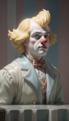 solo,looking at viewer,short hair,blue eyes,blonde hair,shirt,1boy,bow,jacket,white shirt,upper body,male focus,parted lips,teeth,shiny,artist name,bowtie,lips,buttons,formal,table,suit,realistic,nose,red lips,facepaint,clown