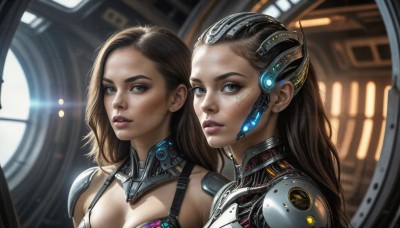 HQ,long hair,breasts,looking at viewer,multiple girls,brown hair,black hair,2girls,cleavage,brown eyes,jewelry,medium breasts,upper body,earrings,parted lips,armor,lips,grey eyes,headgear,forehead,science fiction,realistic,nose,android,cyborg,cyberpunk,blue eyes,green eyes,bikini,indoors,signature,blurry,makeup,sunlight,portrait,lens flare,eyeshadow