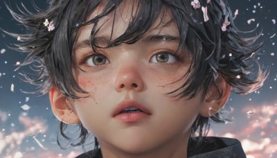 1girl,solo,looking at viewer,short hair,open mouth,bangs,black hair,brown eyes,flower,outdoors,parted lips,sky,teeth,artist name,cloud,blurry,blue sky,lips,petals,eyelashes,cloudy sky,cherry blossoms,wind,portrait,close-up,freckles,realistic,nose,hair ornament,hair flower,blurry background,messy hair,pink flower,dirty face