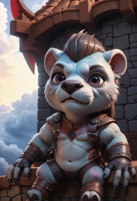 solo,looking at viewer,brown hair,gloves,1boy,navel,animal ears,sitting,purple eyes,full body,male focus,outdoors,sky,teeth,artist name,cloud,fingerless gloves,armor,fangs,cloudy sky,claws,furry,furry male,brick wall,weapon,window,abs,topless male