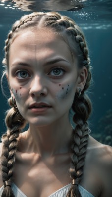 1girl,solo,long hair,breasts,looking at viewer,blue eyes,blonde hair,dress,cleavage,bare shoulders,jewelry,medium breasts,collarbone,upper body,braid,earrings,parted lips,teeth,artist name,water,twin braids,lips,grey eyes,strapless,blood,sunlight,portrait,hair over shoulder,freckles,fish,blood on face,underwater,realistic,nose,dappled sunlight,brown hair,green eyes,forehead,light rays,air bubble,facepaint,sunbeam,dirty,aquarium