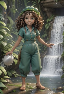 1girl,solo,long hair,looking at viewer,smile,brown hair,shirt,holding,brown eyes,standing,collarbone,full body,short sleeves,outdoors,day,collared shirt,pants,dark skin,water,dark-skinned female,lips,toes,buttons,leaf,sandals,suspenders,blue shirt,plant,child,nature,curly hair,green shirt,overalls,waterfall,baggy pants,hat,artist name,watermark,freckles,rock,dreadlocks