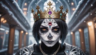 1girl,solo,looking at viewer,short hair,black hair,jewelry,closed mouth,yellow eyes,multicolored hair,earrings,outdoors,artist name,necklace,armor,blurry,orange eyes,makeup,blurry background,colored skin,chain,facial mark,piercing,crown,lipstick,shoulder armor,gem,portrait,snow,pauldrons,snowing,grey skin,straight-on,mascara,chain necklace,black lips,lip piercing,eyebrow piercing,bangs,red eyes,depth of field,pale skin,facepaint,forehead jewel,red gemstone,skull necklace