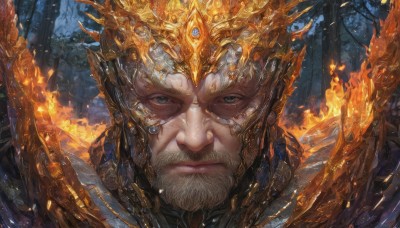 solo,looking at viewer,blue eyes,1boy,closed mouth,white hair,male focus,outdoors,armor,tree,lips,grey eyes,facial hair,helmet,fire,crown,gem,portrait,nature,beard,close-up,forest,realistic,old,old man,gold,embers,mustache