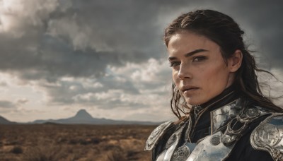 1girl,solo,long hair,looking at viewer,brown hair,black hair,1boy,brown eyes,closed mouth,upper body,outdoors,sky,day,cloud,armor,mole,blurry,black eyes,lips,blurry background,cloudy sky,shoulder armor,portrait,freckles,pauldrons,mountain,realistic,grey sky,male focus