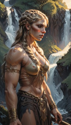 1girl,solo,long hair,breasts,blue eyes,skirt,blonde hair,brown hair,navel,holding,cleavage,jewelry,medium breasts,standing,weapon,braid,cowboy shot,earrings,outdoors,parted lips,day,midriff,water,necklace,stomach,holding weapon,bracelet,tree,lips,wet,makeup,muscular,facial mark,abs,sunlight,polearm,nature,armlet,toned,spear,realistic,nose,muscular female,bracer,facepaint,dappled sunlight,loincloth,biceps,waterfall,bodypaint,tribal,nipples,artist name,twin braids,torn clothes,bird,topless,circlet,patreon username,crown braid,gold,multiple braids