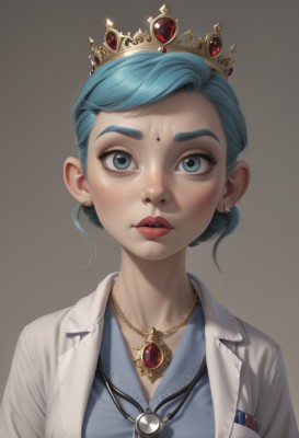 1girl,solo,looking at viewer,short hair,blue eyes,simple background,shirt,jewelry,blue hair,jacket,upper body,earrings,parted lips,open clothes,teeth,grey background,necklace,hair bun,lips,eyelashes,aqua hair,makeup,facial mark,single hair bun,white jacket,tiara,crown,gem,portrait,pendant,eyeshadow,freckles,brown background,forehead mark,labcoat,bangs,blue shirt,lipstick,realistic,nose,red lips,red gemstone