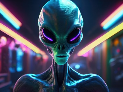 solo,looking at viewer,1boy,purple eyes,collarbone,upper body,male focus,blurry,mask,blurry background,glowing,portrait,science fiction,realistic,straight-on,alien,neon lights,bodysuit,night,facing viewer,cyberpunk