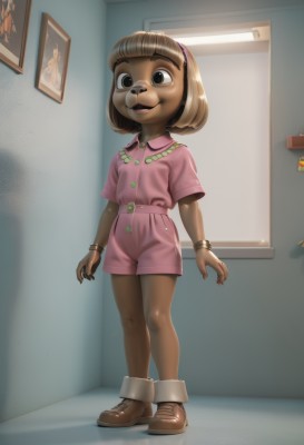 1girl,solo,looking at viewer,smile,short hair,open mouth,bangs,blonde hair,brown hair,shirt,dress,animal ears,brown eyes,jewelry,standing,full body,short sleeves,hairband,boots,shoes,shorts,teeth,shiny,collared shirt,belt,artist name,indoors,signature,dark skin,blunt bangs,black eyes,flat chest,bracelet,dark-skinned female,short shorts,buttons,brown footwear,happy,child,pink dress,dog ears,furry,pocket,pink shirt,door,furry female,arms at sides,dog girl,female child,animal nose,pink shorts,buck teeth,shiny skin,upper teeth only,bob cut,photo (object),painting (object)