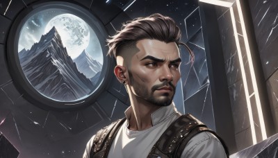 solo,short hair,brown hair,shirt,black hair,1boy,brown eyes,jewelry,closed mouth,white shirt,upper body,male focus,earrings,sky,indoors,dark skin,black eyes,lips,window,night,facial hair,moon,dark-skinned male,star (sky),night sky,beard,full moon,starry sky,mountain,realistic,mustache,stubble,glass,manly,undercut,vest,looking to the side,scar,portrait,planet,eyebrow cut