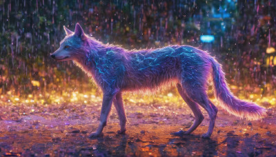 standing, outdoors, blurry, no humans, night, animal, rain, realistic, wolf