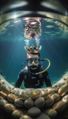 1girl,solo,1boy,male focus,water,ocean,sunlight,helmet,crown,goggles,fish,bubble,light rays,underwater,air bubble,submerged,diving mask,coral,snorkel,wetsuit,looking at viewer,black hair,bodysuit,glowing,reflection,mustache,swimming