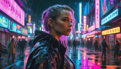 1girl, jacket, upper body, pink hair, outdoors, solo focus, blurry, lips, wet, night, blurry background, rain, city, realistic, nose, crowd, cyberpunk, neon lights