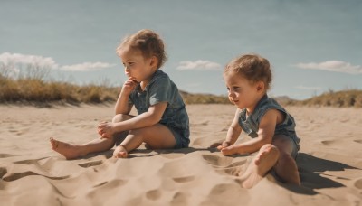 short hair,blonde hair,brown hair,shirt,sitting,short sleeves,male focus,outdoors,multiple boys,sky,shorts,barefoot,day,2boys,blurry,blue sky,toes,siblings,blue shirt,child,twins,realistic,sand,male child,brothers,dirty,desert,dirty feet,cloud,beach,aged down,shell,baby