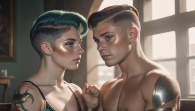 1girl,short hair,brown hair,black hair,1boy,brown eyes,jewelry,upper body,hetero,multicolored hair,earrings,green hair,indoors,mole,blurry,looking at another,lips,window,tattoo,blurry background,eye contact,freckles,topless male,realistic,nose,stud earrings,very short hair,mechanical arms,undercut,cyborg,chest hair,single mechanical arm,pompadour,mohawk,buzz cut,closed mouth,collarbone,male focus,multiple boys,2boys,muscular,holding hands,facial hair,sunlight,pectorals,backlighting