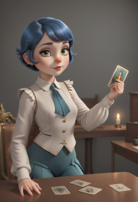 1girl,solo,breasts,looking at viewer,blush,smile,short hair,bangs,shirt,hair ornament,long sleeves,holding,jewelry,sitting,closed mouth,green eyes,blue hair,white shirt,earrings,small breasts,frills,hairclip,collared shirt,pants,artist name,indoors,hand up,nail polish,vest,lips,ascot,makeup,swept bangs,chair,table,thick eyebrows,freckles,card,candle,playing card,holding card,wooden chair