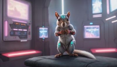 solo,looking at viewer,standing,tail,full body,indoors,blurry,no humans,blurry background,animal,cat,robot,science fiction,animal focus,whiskers,screen,blue eyes,gloves,closed mouth,glowing,helmet,claws,realistic,neon lights