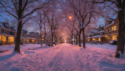 outdoors, sky, tree, no humans, window, night, building, scenery, snow, road, house, winter, lamppost, bare tree