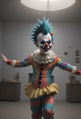 solo,looking at viewer,smile,open mouth,long sleeves,1boy,blue hair,standing,male focus,frills,food,teeth,striped,pants,indoors,grin,makeup,mask,fruit,outstretched arms,spiked hair,facepaint,evil smile,vase,horror (theme),neck ruff,clown,skirt,hair ornament,flower,green hair,no humans,lipstick,lamp