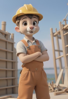 solo,looking at viewer,smile,short hair,open mouth,brown hair,shirt,1boy,hat,brown eyes,standing,white shirt,short sleeves,male focus,outdoors,sky,day,collared shirt,blurry,blue sky,blurry background,crossed arms,child,furry,overalls,male child,teeth,helmet,buck teeth