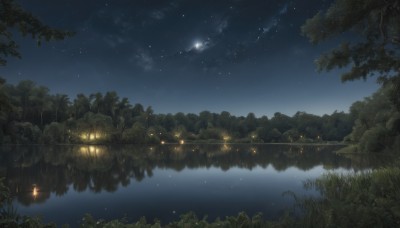 outdoors,sky,cloud,water,star (symbol),tree,no humans,night,moon,grass,plant,star (sky),nature,night sky,scenery,forest,starry sky,reflection,crescent moon,river,lake,fireflies,lantern,fantasy,landscape,reflective water