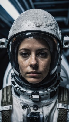 solo,looking at viewer,brown hair,1boy,closed mouth,upper body,male focus,black eyes,lips,helmet,portrait,freckles,science fiction,realistic,space,dirty,spacesuit,astronaut,black hair,shiny,serious,space helmet