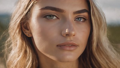 1girl,solo,long hair,looking at viewer,blue eyes,blonde hair,jewelry,green eyes,earrings,outdoors,parted lips,teeth,blurry,lips,grey eyes,eyelashes,depth of field,blurry background,thick eyebrows,portrait,close-up,freckles,realistic,nose,stud earrings