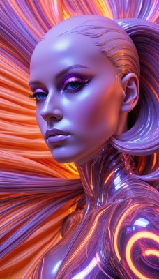 1girl,solo,long hair,breasts,looking at viewer,blue eyes,upper body,ponytail,shiny,lips,eyelashes,bodysuit,makeup,colored skin,lipstick,portrait,eyeshadow,science fiction,nose,blue skin,purple skin,purple lips,alien,purple hair,white hair,multicolored hair,glowing,realistic,hair pulled back,mascara,orange skin