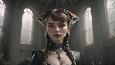 1girl,solo,long hair,breasts,looking at viewer,bangs,brown hair,dress,animal ears,cleavage,jewelry,medium breasts,upper body,braid,earrings,parted lips,artist name,indoors,cat ears,blurry,twin braids,lips,grey eyes,window,depth of field,plant,hair over shoulder,freckles,realistic,nose,brown eyes,closed mouth,day,animal ear fluff,clothing cutout,cleavage cutout,sunlight,portrait,extra ears,backlighting,crown braid,arch