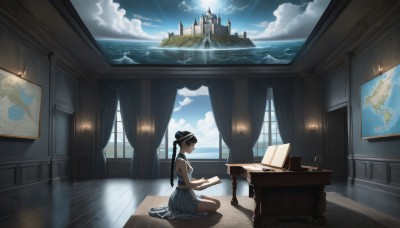 1girl,solo,long hair,breasts,black hair,hat,dress,holding,bare shoulders,sitting,ponytail,sky,sleeveless,day,cloud,indoors,water,black dress,from side,blue sky,book,window,black headwear,profile,sleeveless dress,ocean,table,sunlight,cloudy sky,curtains,scenery,seiza,wooden floor,paper,open book,horizon,computer,grey dress,watercraft,wide shot,laptop,drawing,painting (object),map,island,skirt,braid,barefoot,hair bun,twin braids,instrument