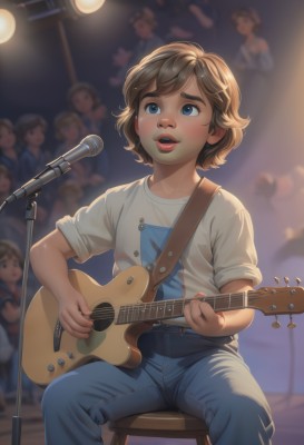 1girl,solo,smile,short hair,open mouth,blue eyes,brown hair,shirt,holding,sitting,white shirt,short sleeves,teeth,solo focus,tongue,pants,indoors,tongue out,blurry,lips,blurry background,6+girls,chair,thick eyebrows,denim,instrument,child,microphone,jeans,realistic,nose,music,guitar,female child,singing,stool,playing instrument,holding instrument,electric guitar,microphone stand,crowd,drum,stage,spotlight,stage lights,concert,acoustic guitar,blush,multiple girls,parted lips,depth of field,t-shirt,light,lights