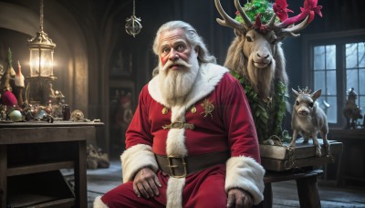 HQ,solo,looking at viewer,gloves,long sleeves,1boy,hat,sitting,closed mouth,white hair,grey hair,male focus,belt,indoors,fur trim,window,bell,night,facial hair,animal,chair,table,bottle,christmas,beard,buckle,santa hat,brown gloves,santa costume,belt buckle,realistic,mustache,lamp,candle,antlers,old,christmas tree,old man,christmas ornaments,reindeer antlers,wreath,reindeer,long hair,open mouth,chain,scar,moon,sack