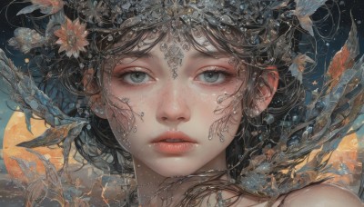 1girl,solo,long hair,looking at viewer,short hair,bangs,blue eyes,brown hair,black hair,hair ornament,jewelry,flower,parted lips,hair flower,water,lips,grey eyes,eyelashes,moon,portrait,close-up,freckles,fish,circlet,realistic,goldfish,bare shoulders,green eyes,earrings,teeth,necklace,leaf,piercing,gem,nose