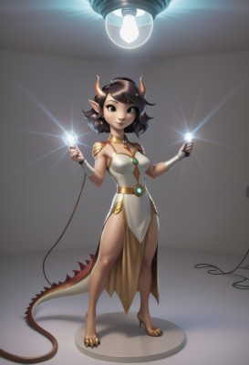 1girl,solo,breasts,looking at viewer,smile,short hair,open mouth,brown hair,black hair,dress,holding,jewelry,medium breasts,standing,tail,full body,earrings,small breasts,parted lips,horns,teeth,pointy ears,dark skin,white dress,armor,black eyes,high heels,dark-skinned female,strapless,monster girl,shoulder armor,pelvic curtain,dragon horns,dragon girl,dragon tail,scales,cable,gloves,barefoot,choker,fingerless gloves,necklace,lips,makeup,swept bangs,lipstick,claws,side slit,pendant,floating,personification,vambraces,bracer,spotlight,hooves