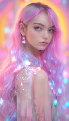 1girl,solo,long hair,looking at viewer,bangs,blue eyes,dress,bare shoulders,jewelry,closed mouth,upper body,pink hair,multicolored hair,earrings,sleeveless,looking back,blurry,lips,see-through,looking to the side,grey eyes,eyelashes,makeup,wavy hair,gem,realistic,nose,breasts,artist name,from side,blurry background,expressionless,pearl (gemstone)