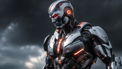 solo,red eyes,1boy,upper body,male focus,cloud,armor,no humans,glowing,robot,mecha,glowing eyes,science fiction,realistic,cyborg,power armor,humanoid robot,blurry,from side,blurry background,helmet,android,joints,robot joints,mechanical parts